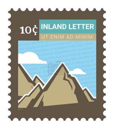 Illustration for Postcard or postmark with mountains, inland letter service from post. Express and delivery of envelopes or parcels. Postal card or mark with price, mail and correspondence. Vector in flat style - Royalty Free Image