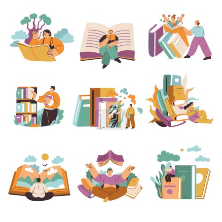Characters enjoying literature and books, students preparing for exams. Obtaining knowledge and working on the development of skills. Imagination of readers and bookworms. Vector in flat style