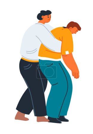 Illustration for Emergency medical help and assistance of choking person. Isolated man holding personage in hands, leading and make him walk or move. Health care, fainted unconscious guy. Vector in flat style - Royalty Free Image