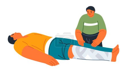 Illustration for Injured or wounded person with bandage on knee and ankle. Isolated specialist or medic taking care of disabled man laying on ground. First aid and assistance. Vector in flat style illustration - Royalty Free Image
