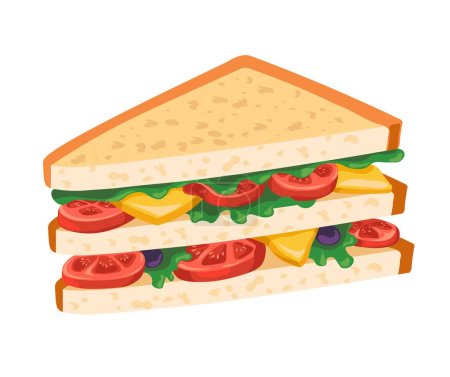 Illustration for Snack with toast bread, cheese and salad leaves, tomato slices. vegetarian fast food, sandwich from store or shop, restaurant or cafe. Home made meal for grab and go. Vector in flat style illustration - Royalty Free Image