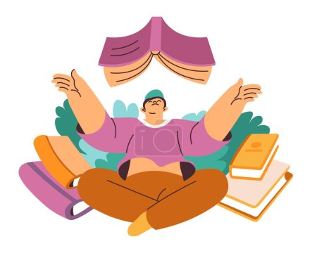 Illustration for Literature and reading hobby, isolated male personage with books and publications. Student preparing for exam or lessons. Novels and poetry in diaries and manuals. Vector in flat style illustration - Royalty Free Image