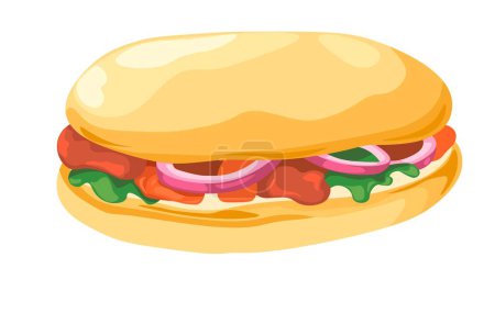 Illustration for Fast food, isolated sandwich with meat and vegetables, onion slices and salad leaves. Isolated tasty snack, grab and go from diner or cafe. Delicious product, healthy meal. Vector in flat style - Royalty Free Image