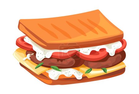 Illustration for Snack with grilled bread, sauce vegetables and meat. Isolated tasty sandwich with tomatoes slices and cheese, pork or poultry. Delicious fast food or grab and go product. Vector in flat style - Royalty Free Image