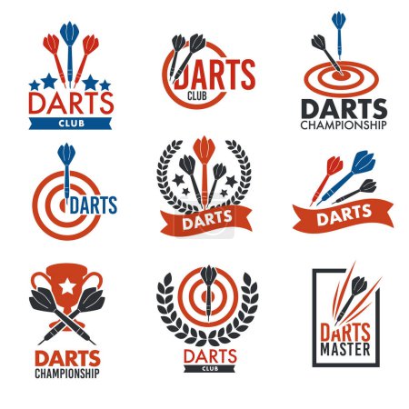 Illustration for Playing darts or doing professional sports. Isolated dartboards with bullseye, arrows and triumph cup for winner. Entertainment and victory, prize for champion for accuracy. Vector in flat style - Royalty Free Image