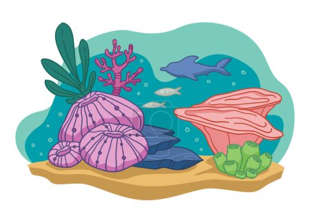 Téléchargez les illustrations : Flore et faune de la vie sauvage sous l'eau. Aquarium ou fond de mer ou d'océan. Récif corallien et algues, herbe exotique et poissons. Paysage marinier, paysage marin sous-marin avec sable. Vecteur en style plat - en licence libre de droit