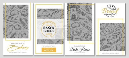 Stylish advertising of bakery products, vector illustration. Banner lettering baking with love open every day. Fashion badge bread original food. Creative label fresh baked bread, sketch.