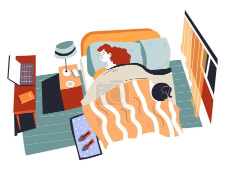 Illustration for Teenager girl sleeping in bed covered with blanket. Woman with cat laying on sofa. Interior of room or dormitory of student. Table with laptop and notebook, bright lamp. Vector in flat style - Royalty Free Image