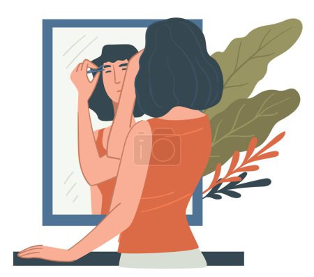 Illustration for Female character at home tweezing and epilating eyebrows. Woman caring for look and style. Lady with tweezers making shape and form of brows. Femininity and spa procedures. Vector in flat style - Royalty Free Image