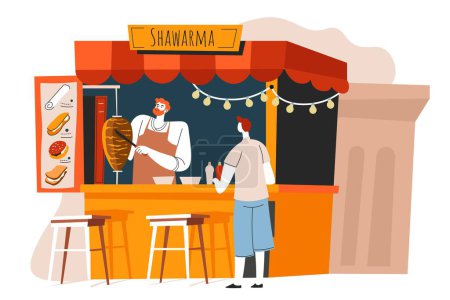 Ilustración de Hombre pidiendo shawarma en el quiosco de comida de la calle o puesto. Vendedor y cliente, comiendo comida rápida llena de proteínas. Doner o kebab, cocina turca, comidas orientales y menú de platos. Vector en estilo plano - Imagen libre de derechos