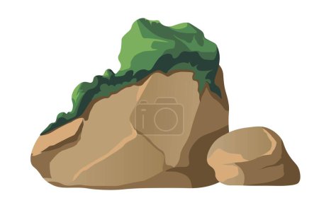 Illustration for Rocks or stones grown with moss. Forest or woods damp and moist habitats for vegetation. Flowerless plant on massive decorative objects for parks. Nature and wilderness. Vector in flat style - Royalty Free Image
