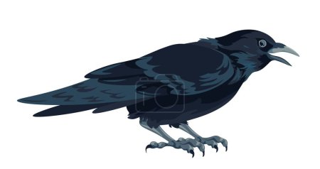 Ilustración de Corona o cuervo sentado y haciendo sonidos, aislado gran pájaro negro gruñendo o chillando. Naturaleza y biodiversidad, bosques o hábitats silvestres y silvestres. Vector en ilustración de estilo plano - Imagen libre de derechos