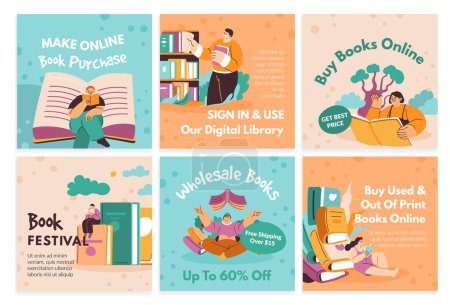Illustration for Network post set design with book store offers. Flat man woman character read literature, vector illustration. Social media banner collection with digital library advertising - Royalty Free Image