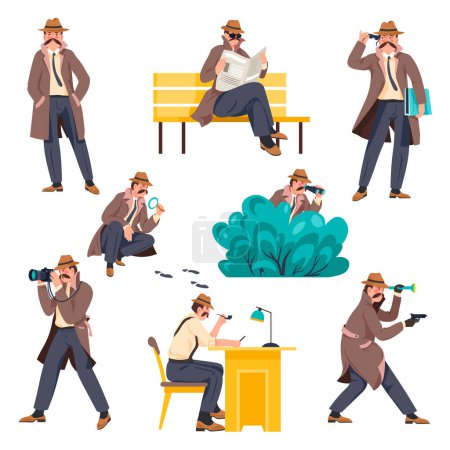 Illustration for Private investigators working undercover, isolated detectives or officers in coat and hat hiding in bushes and looking through binoculars. Man on mission, following criminal. Vector in flat style - Royalty Free Image