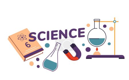 Illustration for School discipline, learning science and conducting experiments. isolated flask with substances and books for students and pupils. Containers for heating, magnet. Physics and chemistry. Vector in flat - Royalty Free Image