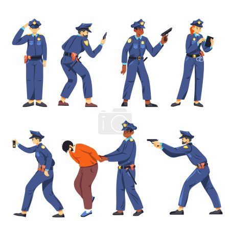 Coppers arresting criminal, isolated detective or police officer. Policeman with weapon, man with gun and woman with gadget screen. People working in official force protecting city. Vector in flat
