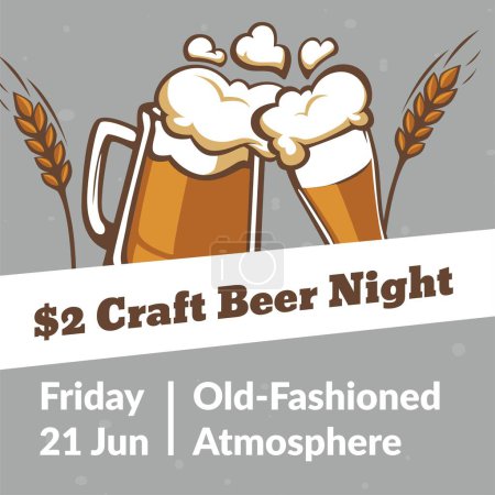 Illustration for Old fashioned atmosphere at craft beer night. Meeting for alcoholic drinks lovers, tasting and brewing. Local shops support. Promotional banner, poster with advertisement. Vector in flat style - Royalty Free Image