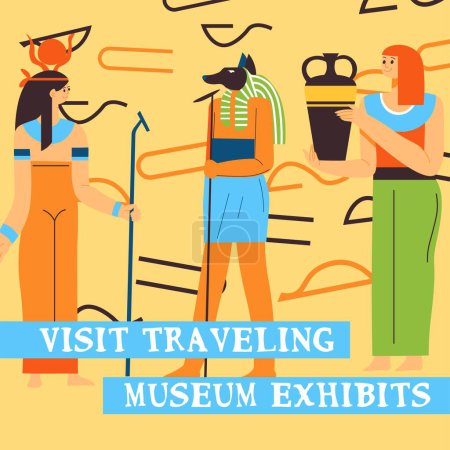 Illustration for Egyptian museum exhibits, visit traveling in Africa. Study archaeology and history. Creatures and goddesses, god Anubis and Nefertiti. Promotional banner, advertisement poster. Vector in flat style - Royalty Free Image