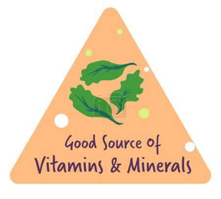 Illustration for Source of minerals and vitamins, food supplement or balanced diet. Isolated label or emblem for package, triangle sticker with green leaves. Healthy nutrition and nourishment. Vector in flat style - Royalty Free Image