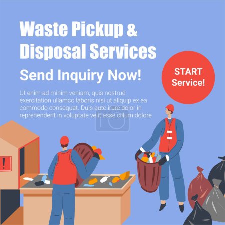 Illustration for Send inquiry, waste pickup and disposal services, garbage management and recycling process. Care for nature and reduction of pollution. Promotional banner, advertisement poster. Vector in flat style - Royalty Free Image