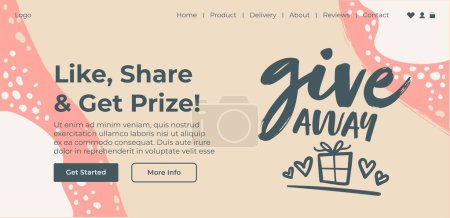 Ilustración de Giveaway contest, win a prize by liking and sharing post. Learn more about product, marketing and advertisement for business. Website landing page template, online internet web. Vector in flat style - Imagen libre de derechos