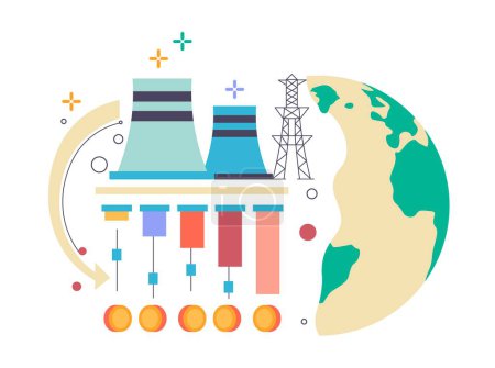 Illustration for Globe world map with power plants and stations that generate energy. Isolated charts or diagram with statistics and information about country potency and autonomous efficiency. Vector in flat style - Royalty Free Image
