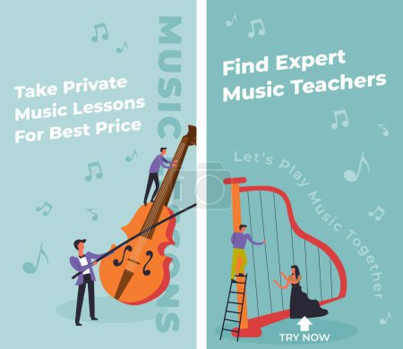 Illustration for Take private music lessons for best price, find expert teachers and learn how to play violin and harp. Support and professional courses. Promotional banner or advertisement. Vector in flat style - Royalty Free Image