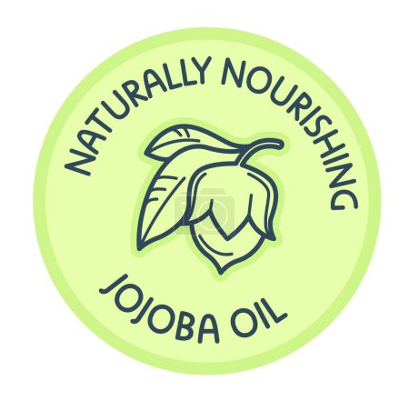 Jojoba oil, naturally nourishing ingredient for cosmetics and skincare, body treatment. Natural content. Promotional banner, logotype or label for package, rounded logo. Vector in flat style
