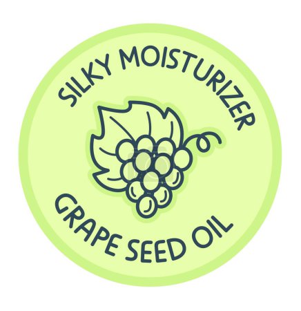 Illustration for Silky moisturizer, isolated grape seed oil for skin and cosmetic products, beauty routine ingredients. Promotional banner, logotype or label for package, rounded logo. Vector in flat styles - Royalty Free Image