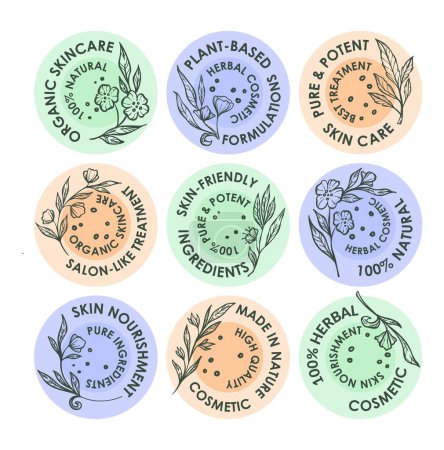 Illustration for Round sticker set for organic skincare products. Natural cosmetic label collection with line flowers elements, vector illustration. Colorful circle tag with ingredient quality sign - Royalty Free Image