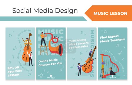 Network stories design set for music lessons offer. Flat man woman character play at musical instruments, vector illustration. Social media web page collection with education advertising