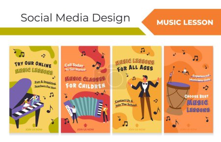 Illustration for Social media story set with music school ad. Network web page collection with man woman character study music and play instruments, vector illustration. Online education advertising at banner - Royalty Free Image