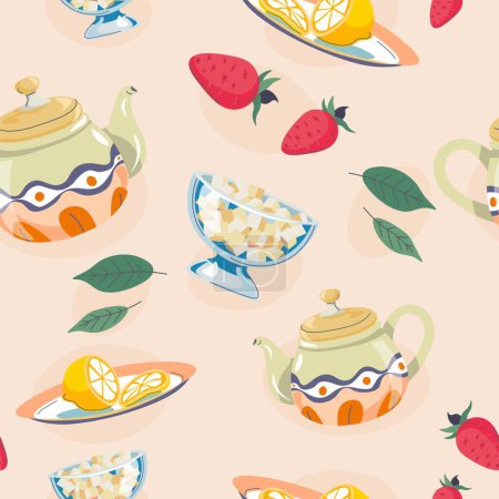Illustration for Drinking tea or warm beverage, pot with drink and plate with sugar. Lemon slices and strawberries with leaves. Seamless pattern or background print wallpaper. Vector in flat style illustration - Royalty Free Image