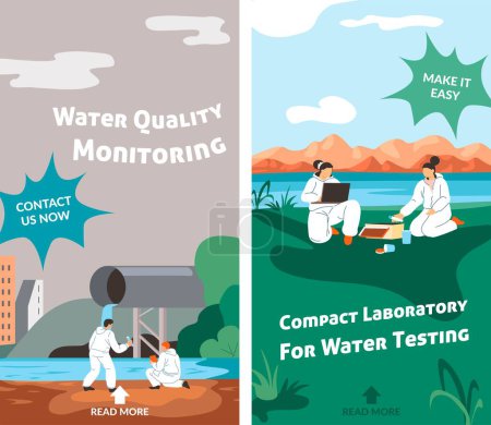 Illustration for Compact laboratory for water testing, quality and statistics about liquids and chemicals. Make it easy, contact us now. Promotional banner and advertisement of specialists. Vector in flat style - Royalty Free Image