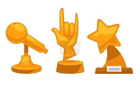 Ilustración de Estatuillas o premios de oro para músicos, cantante pop y rockero. Premios aislados en forma de micrófono, estrella fugaz y cuernos gesto de mano o símbolo. Ceremonia o alabanza. Vector en estilo plano - Imagen libre de derechos