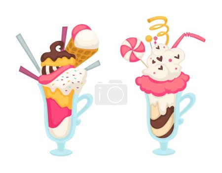 Illustration for Ice cream dessert with cookies and waffles, isolated frozen tasty meal. Sweets with lollipop and chocolate mousse or topping, vanilla or strawberry filling. Gelato in restaurant. Vector in flat style - Royalty Free Image