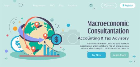 Illustration for Accounting and tax advisory, macroeconomic consultation and help with finances. Economic stability of business and organization. Website landing page template, internet site. Vector in flat style - Royalty Free Image
