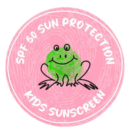 Illustration for Kids sunscreen or block caring for skin, treatment and skincare for babies. SPF 50 sun protection for children. Isolated logotype for product, label or badge with frog drawing. Vector in flat style - Royalty Free Image