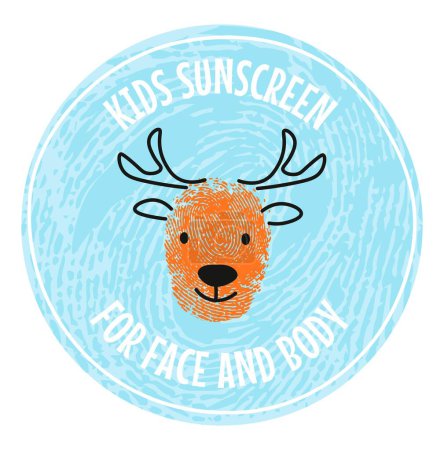 Illustration for Sunscreen for face and body for children, isolated logotype or badge for kids. Sunblock and protection for skin, skincare products. Fingerprint drawing of reindeer with antlers. Vector in flat style - Royalty Free Image