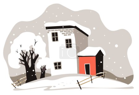 Illustration for Houses and trees covered with snow, winter season landscape of household in village. Rural area with fence and barns, wintertime seasonal view. Blizzard in suburbs or countryside. Vector in flat style - Royalty Free Image