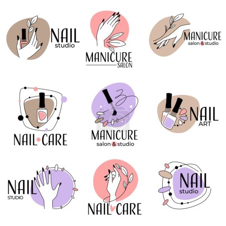 Manicure salon and studio for nails treatment, isolated labels and emblems with female hands and polish. Professional care of manicurist, pedicure and chiropody logotypes. Vector in flat style