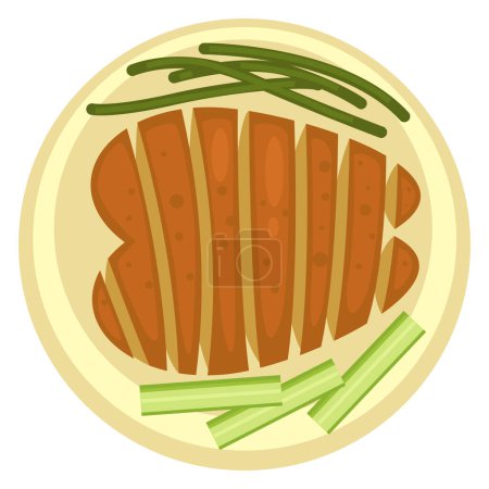 Illustration for Baked or roasted meat served on plate with asparagus an celery sticks. Veggies and ribeye, healthy eating and dieting. Restaurant or diner lunch or breakfast tasty dishes. Vector in flat style - Royalty Free Image