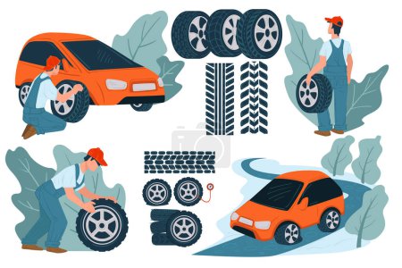Illustration for Car maintenance and repairing service at garage of mechanics. Changing automobile tyres, examining problems with pressure or inflation. Technician fixing transport, decorative flora. Vector in flat - Royalty Free Image