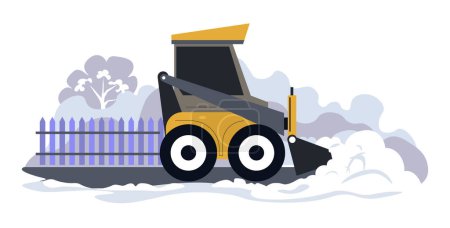 Illustration for Special machine cleaning roads from snow, removal or ice from roads and highways in city. Snowblower or transport helping to cope with amounts of snowy masses. Snowplow, vector in flat style - Royalty Free Image