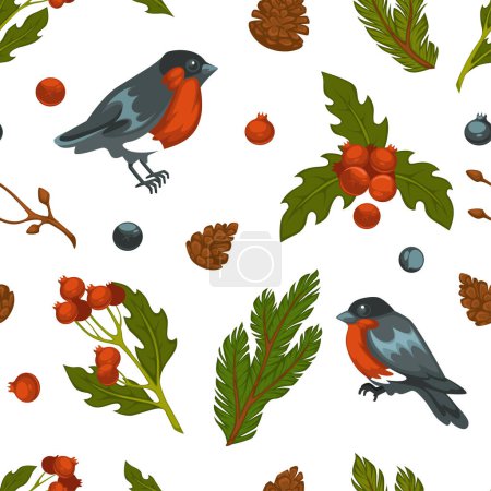 Illustration for Bird and pine tree branches with evergreen needles, mistletoe and berries with cones seamless pattern. Bullfinches seasonal flora and fauna in winter. Wintertime season, xmas. Vector in flat style - Royalty Free Image