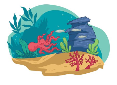 Téléchargez les illustrations : Flore et faune sous-marine, aquarium avec créatures aquatiques et algues. Poulpe flottant dans l'eau. Profondeur de la mer ou de l'océan avec coraux, feuillage et animaux, décoration en pierre. Vecteur en style plat - en licence libre de droit