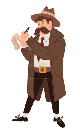 Male personage working undercover wearing cloak and hat writing down info on notebook. Spy or inspector on mission, working gentleman. Vintage and old fashioned character, vector in flat style