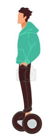 Illustration for Modern and ecologically friendly transportation in city or town, isolated male character riding electric gyroscooter. Contemporary mobility and gadgets for commuting, vector in flat style illustration - Royalty Free Image