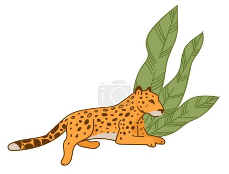 Illustration for Cheetah or spotted leopard resting under wide foliage. Isolated mammal with long tail. Carnivore creature in zoo or wildlife. Jaguar wildcat in savannah. Feline cat animal, vector in flat style - Royalty Free Image