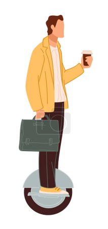 Illustration for Male character holding cup of coffee going home or commuting to work. Modern means of traveling and transportation in city. Businessman with briefcase on hoverboard or scooter. Vector in flat style - Royalty Free Image